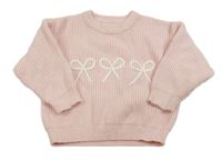 Světlerůžový žebrovaný oversize svetr s mašličkami 