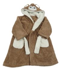 Hnědo-bílý huňatý župan s kapucí - opička MINIKIDZ