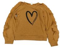 Hnědá žebrovaná úpletová mikina se srdíčkem a kanýrky SHEIN