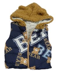 Tmavomodrá prošívaná šusťáková zateplená vesta s medvídky a nápisy a huňatou kapucí s oušky