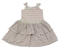 Bílo-růžovo-zelené pruhované šaty s kytičkami a volánkem a mašlemi Kids