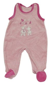 Růžovo-bílo-tmavorůžové pruhované sametové dupačky s myškou a zajíčkem