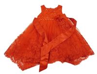 Červené tylovo/krajkové slavnostní dlouhé šaty s kytičkami a korálky a flitry 