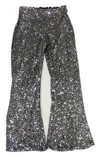 Černo-stříbrné tylové flare flitrové podšité slavnostní kalhoty RIVER ISLAND