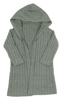 Olivovo-šedý melírovaný žebrovaný úpletový cardigan s kapucí