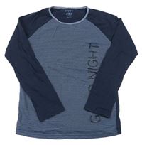 Tmavomodro-modré pruhované triko s nápisy Tchibo