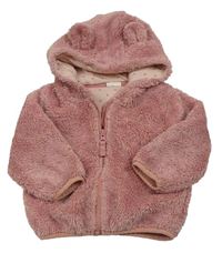 Starorůžová chlupatá propínací mikina s kapucí s oušky Next