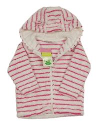 Nové - Bílo-tmavorůžová pruhovaná chlupatá propínací mikina s kapucí Topomini