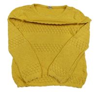 Hořčicový svetr s perforovaným vzorem a volánem Tu