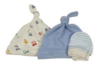 3set - Smetanová bavlněná čepice s auty + modrá melírovaná + bílo-světlemodré pruhované rukavičky