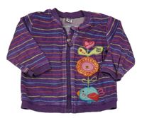 Fialovo-barevná pruhovaná sametová propínací mikina s ptáčkem a květy TucTuc