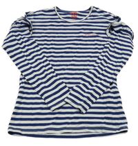 Tmavomodro-bílé pruhované triko s nápisem a volánky Tchibo