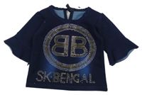 Tmavomodré teplákové triko riflového vzhledu s kamínky