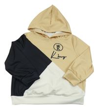 Béžovo-černo-bílá lehká mikina s nápisem a kapucí Shein