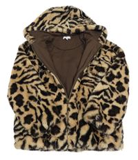Hnědo-černá kožešinová podšitá bunda s leopardím vzorem a kapucí Bluezoo