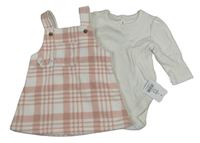 Nové - 2set - Růžovo-bílé kostkované fleecové šaty + smetanové žebrované body George