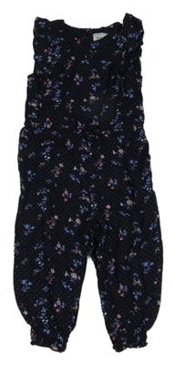 Tmavomodrý puntíkatý lehký kalhotový overal s květinami a volány Primark