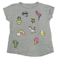 Šedé melírované tričko s obrázky