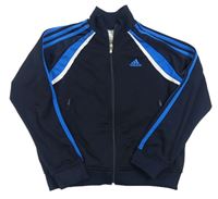 Tmavomodrá sportovní funkční propínací mikina s modrými pruhy a logem Adidas