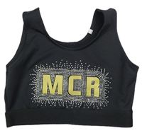 Černý sportovní crop top s nápisem a kamínky 