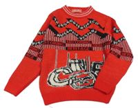 Červeno-černý vzorovaný svetr s nápisy 