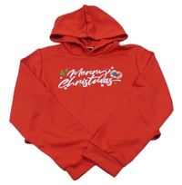 Červená crop mikina s nápisem a kapucí 