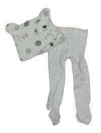 2 set - bílé punčocháče + bílá čepice s obrázky 