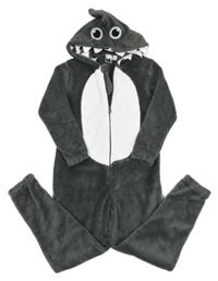 Tmavošedo-bílá chlupatá kombinéza s kapucí - příšerka 