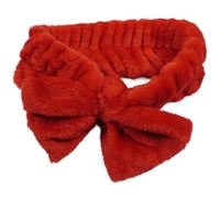 Červená plyšová kosmetická čelenka s mašlí 