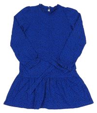 Modro-černé puntíkaté šaty s volánkem a páskem WE