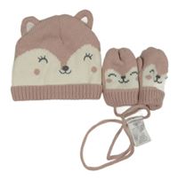 2 set - bílo-růžová pletená podšitá čepice s čumákem + palcové rukavice C&A