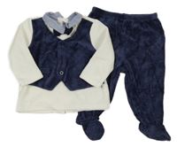 2set - Bílo-tmavomodré sametové triko s vestou a límečkem + tmavomodré sametové polodupky Chicco