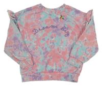 Růžovo-světlemodro-fialová batikovaná mikina s nápisem a ptáčkem Primark