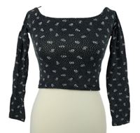 Dámské tmavomodré kytičkované crop triko s lodičkovým výstřihem H&M