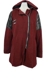 Dámský červeno-černý melírovnaý pletený lehce zateplený kabát s kapucí 