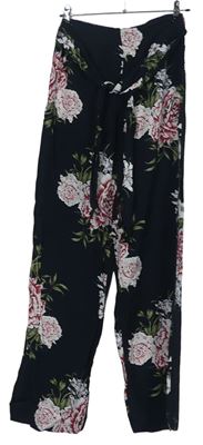 Dámské černé květované volné kalhoty s páskem Miss Selfridge 