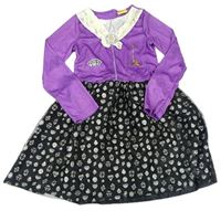 Kostým- fialovo-černé šaty s broží a potiskem 