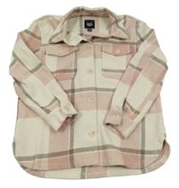 Bílo-růžovo-hnědá kostkovaná vlněná košilová bunda New Look