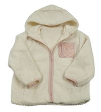 Smetanová huňatá podšitá bunda s růžovým zipem a kapsou a kapucí Matalan