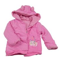 Růžová propínací zateplená mikina s kočkou a kapucí 