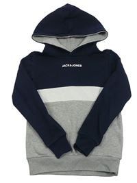 Šedo-tmavmodro-bílá mikina s logem a kapucí zn. Jack & Jones