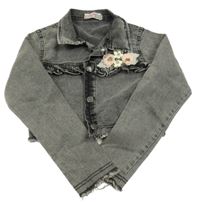 Šedá riflová crop bunda s květy Ecalkiz