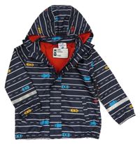 Tmavomodro-bílá pruhovaná šusťáková jarní bunda s auty a kapucí Topolino