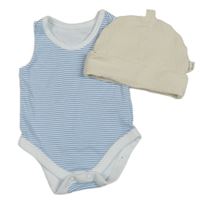 2set - Modro-bílé pruhované body + béžová žebrovná čepice 