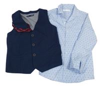 3set - Modrá proužkovaná hvězdičkovaná košile + tmavomodrá vesta + červený motýlek Next