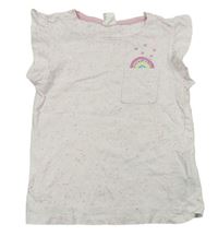 Bílo-růžové melírované tričko s duhou a srdíčky a kapsou a volánky POCOPIANO