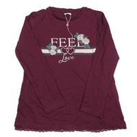 Tmavovínové triko s růžemi a nápisy a krajkou OVS