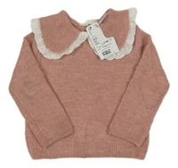 Nové - starorůžový melírovaný vlněný svetr s límečkem s madeirou H&M