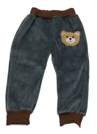 Tmavošedo/hnědé plyšové kalhoty s medvídkem 