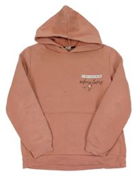 Světleskořicová teplá mikina s nápisy a kapsou a kapucí